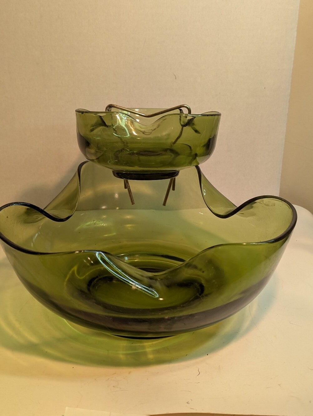 Vintage Mid Century Anchor Hocking Olive Green Chip And Dip Serving Set